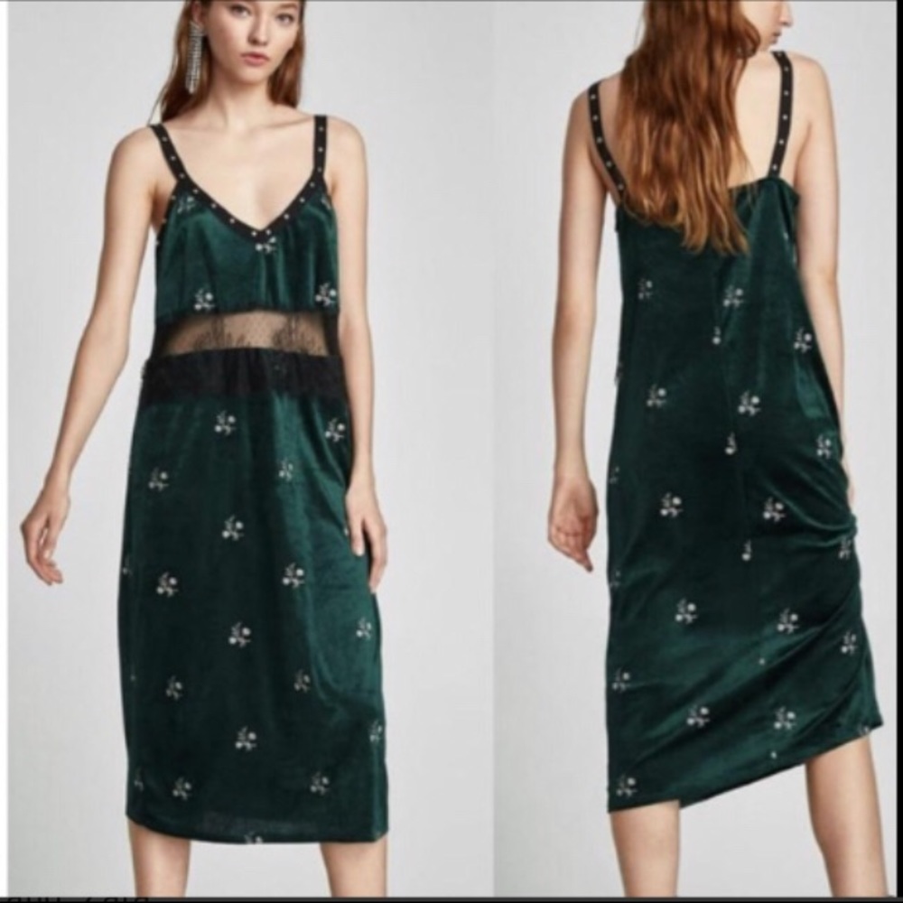 Zara Forest Green Velvet and Lace Dress